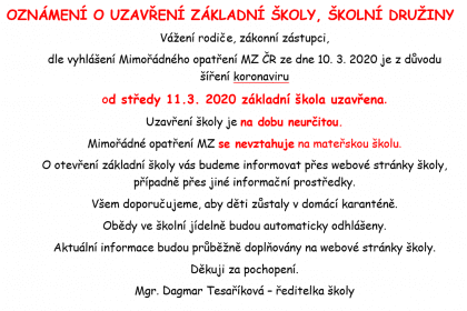OZNÁMENÍ O UZAVŘENÍ ZÁKLADNÍ ŠKOLY