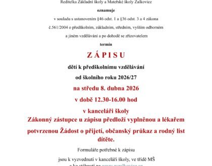 Pozvánka k zápisu do MŠ od školního roku 2026/27