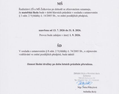 Oznámení o přerušení provozu v době letních prázdnin
